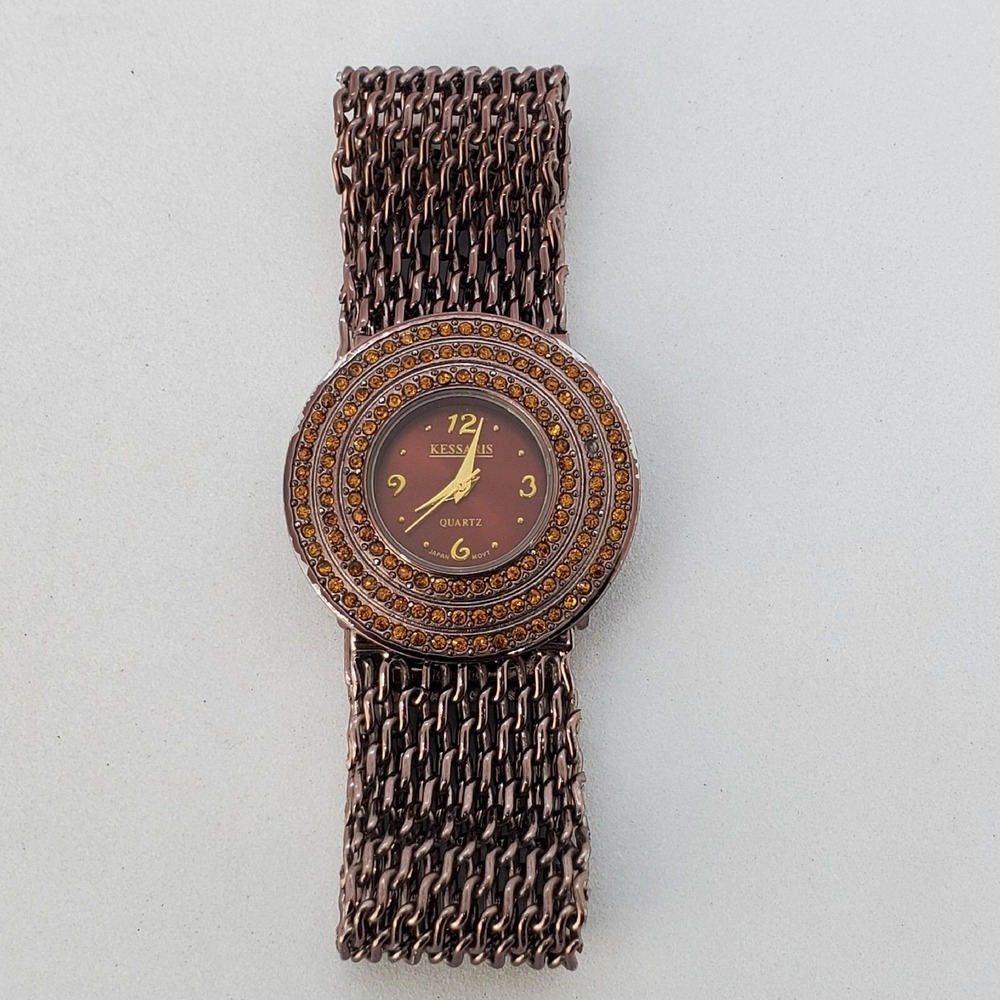 Kessaris Dark Brown Dial Mesh Bands 34MM Round Case 7"‎ Wrist New Battery